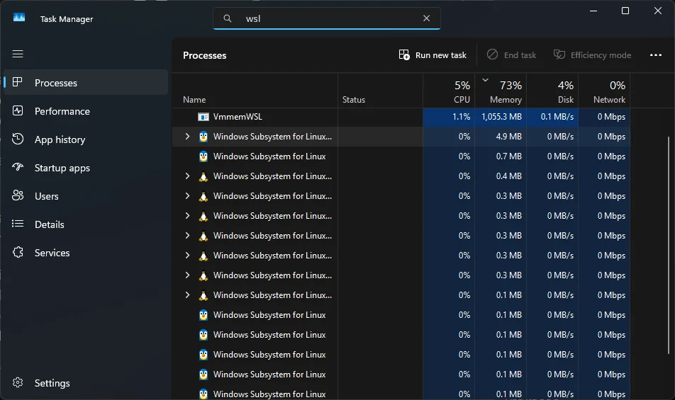Screenshot Task Manager menunjukkan penggunaan RAM vmmem WSL