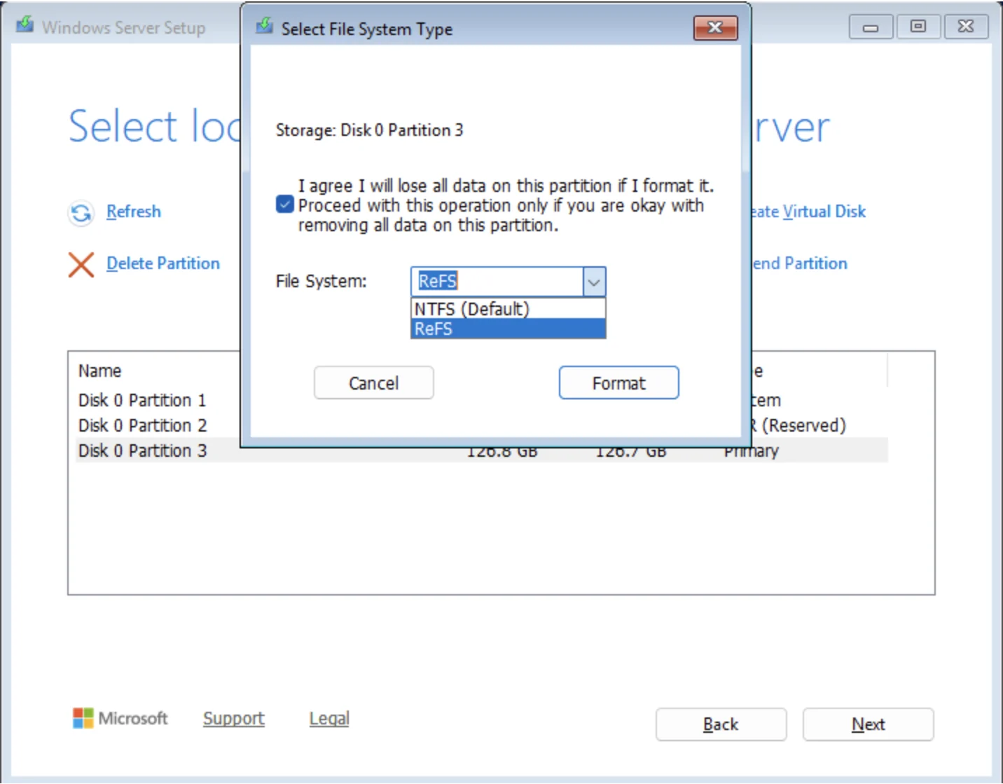 Opsi ReFS sebagai file system boot di Windows Server