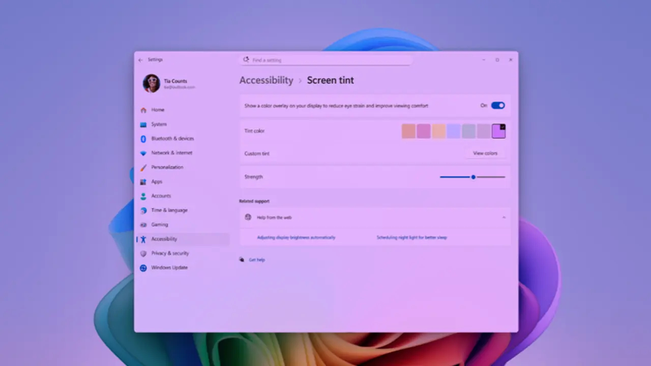 Antarmuka pengaturan Screen Tint di Windows 11