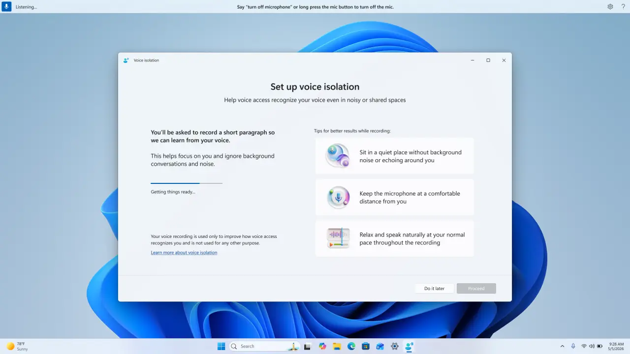 Antarmuka pengaturan Voice Isolation di Windows 11