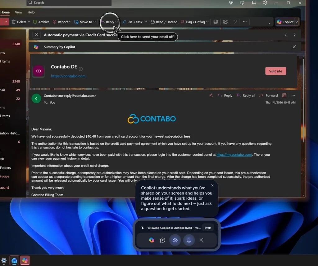 Tampilan fitur berbagi jendela aplikasi Windows 11 dengan Copilot