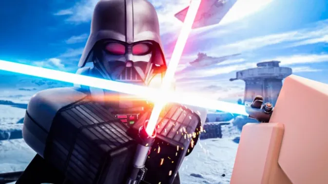 Gameplay Saber Unbound di Roblox dengan karakter berduel lightsaber